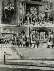 Die Arbeiten am Kanaltunnel in Dover: Abstieg in den Käfig; Ankunft am Boden des Schachts; Swindon Junction; Druckluft-Bohrmaschine; Abschnitt des Tunnels, aus 